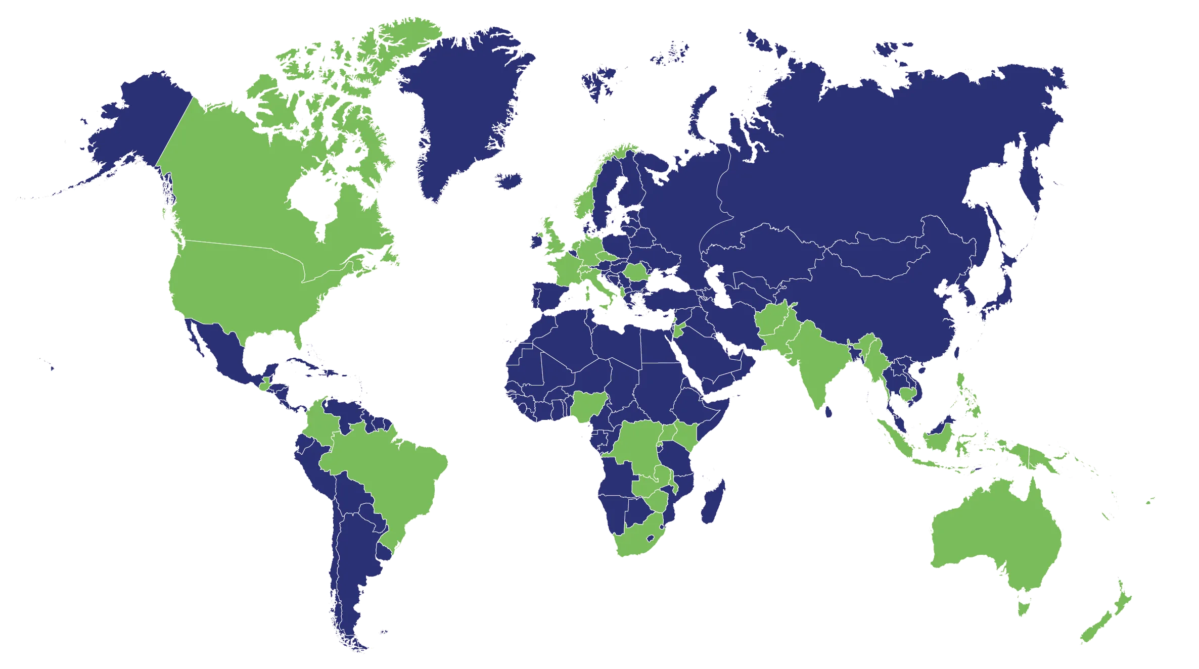 Weltkarte auf schwarzem Hintergrund mit farblicher Hervorhebung ausgewählter Länder. Länder in Grün markieren aktive Regionen, während Länder in Blau nicht aktive Regionen darstellen. Große grüne Flächen sind unter anderem die USA, Kanada, Brasilien, Australien sowie Teile Europas, Afrikas und Asiens. Der Großteil von Afrika, Russland sowie viele Länder im Nahen Osten und Zentralasien sind blau eingefärbt.
